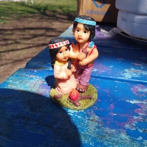Native Americans Sitting By Campfire With One Holding Wood. Knick Knack Statues.